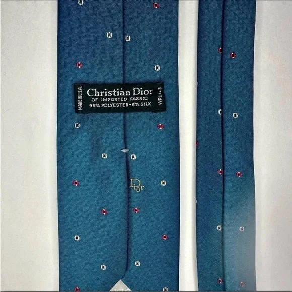 Vintage DIOR Embroidered Signature Polka Dotted Teal Classic Tie
